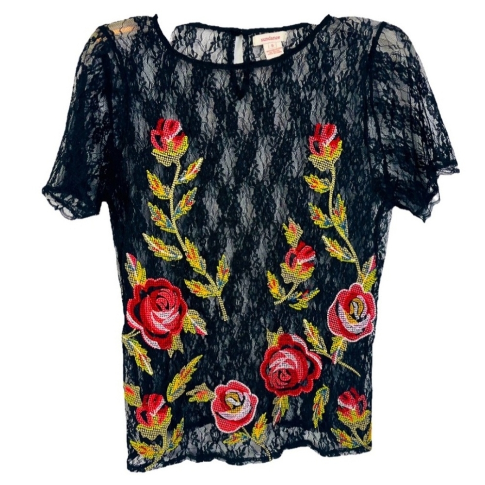 Sundance Black Sheer Lace Red/Green Floral Embroidery Fairy Whimisical Goth Top